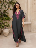 Women's Elegant Embroidered Ethnic Print V-Neck Robe Dress, Loose Batwing Sleeve Bohemian Robe, Comfortable Beach Cover-Up Q1545 - Grey