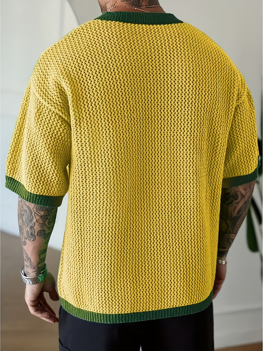 Men's Trendy Spring/summer Sporty Casual Knit Top, V-neck Color-blocked Number Design Loose Knit Pullover, Suitable for Sports and Fitness, Casual and Versatile. - Lemon Yellow