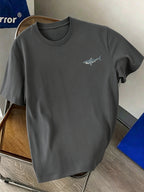 New Men's 100% Pure Cotton T-Shirt with Shark Print, Comfortable and Breathable, Versatile for Summer Casual Wear - Dark Gray