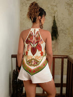 Bohemian Floral Print Halter Neck Vest, Vacation Style Irregular Hem Sleeveless Top, Ethnic Style Camisole ASD1 - Beige