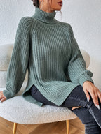 Women's New Arrival Elegant Casual Versatile Vacation Commute Office Sisters Outing Shopping Y2K Daily Wear Autumn Winter Solid Color High Neck Lapel Raglan Long Sleeve Top Spring Slit Hem Sweater Party Outfit Birthday Top Commute Wear Casual Wear - Green
