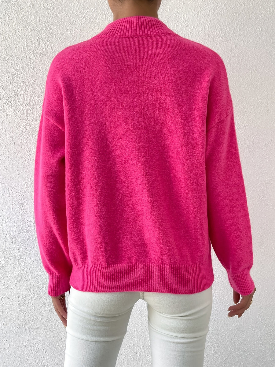 Women's Solid Color Elegant Mock Neck Long Sleeve Drop Shoulder Pullover Sweater - Bright Pink Color