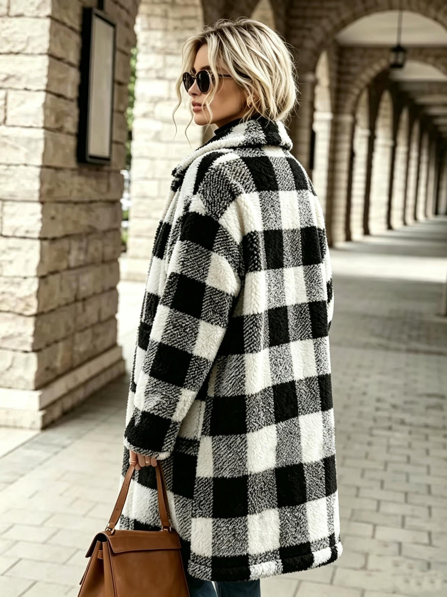 2026 Autumn Winter New Product, Women'S Plaid Printed Long Double Plush Coat, Teddy Bear Women'S Jacket, Lapel Long Sleeve Button-Up Design, Women'S Elegant Faux Coat, Essential Light Warm Jacket for Autumn Winter, Fashionable And Versatile - Black And White