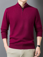 1pc Men'S Solid Color Small Stand Collar Knit Pullover Autumn Winter Zipper Casual Fleece Warm Top - Burgundy