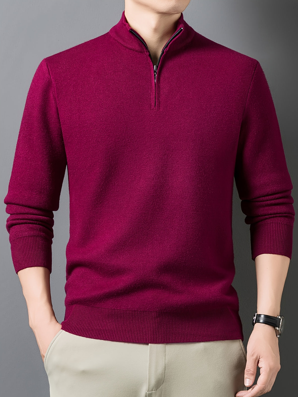 1pc Men'S Solid Color Small Stand Collar Knit Pullover Autumn Winter Zipper Casual Fleece Warm Top - Burgundy