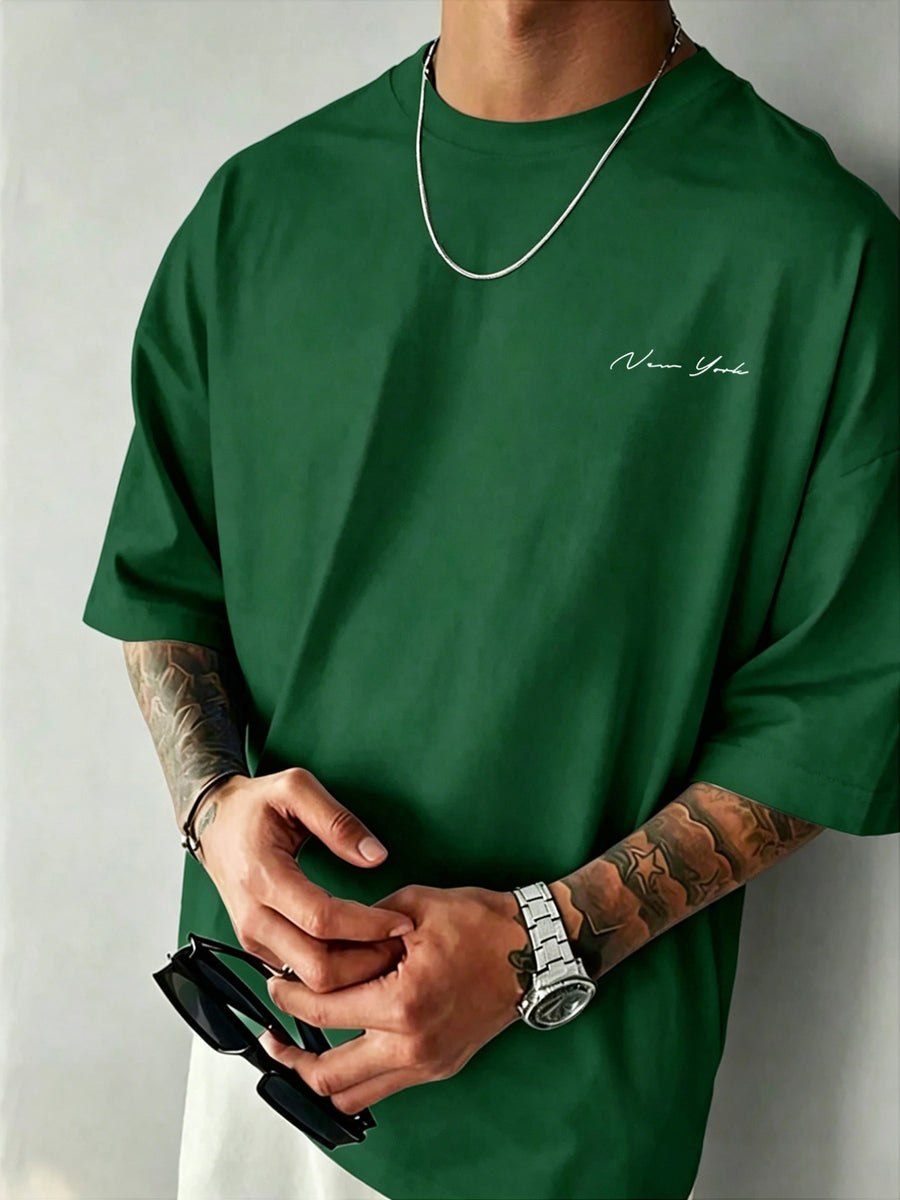 Men' New York Letter Print T-Shirt - Minimalist Round Neck Short Sleeve Tee with, Machine Washable Casual Basic Shirt Suitable for Summer, Office & Casual Attire, Non- Regular Fit for Men - Green