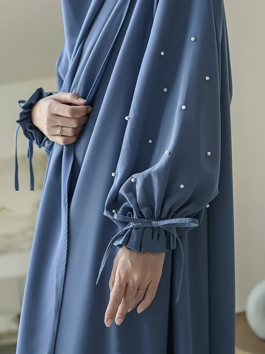 Middle Eastern Solid Color Women'S Robe with Pearl Sleeves Dress And Long Scarf 2pcs Set, Ideal for Women'S Daily Wear, Travel, And Ramadan - Vibrant Blue