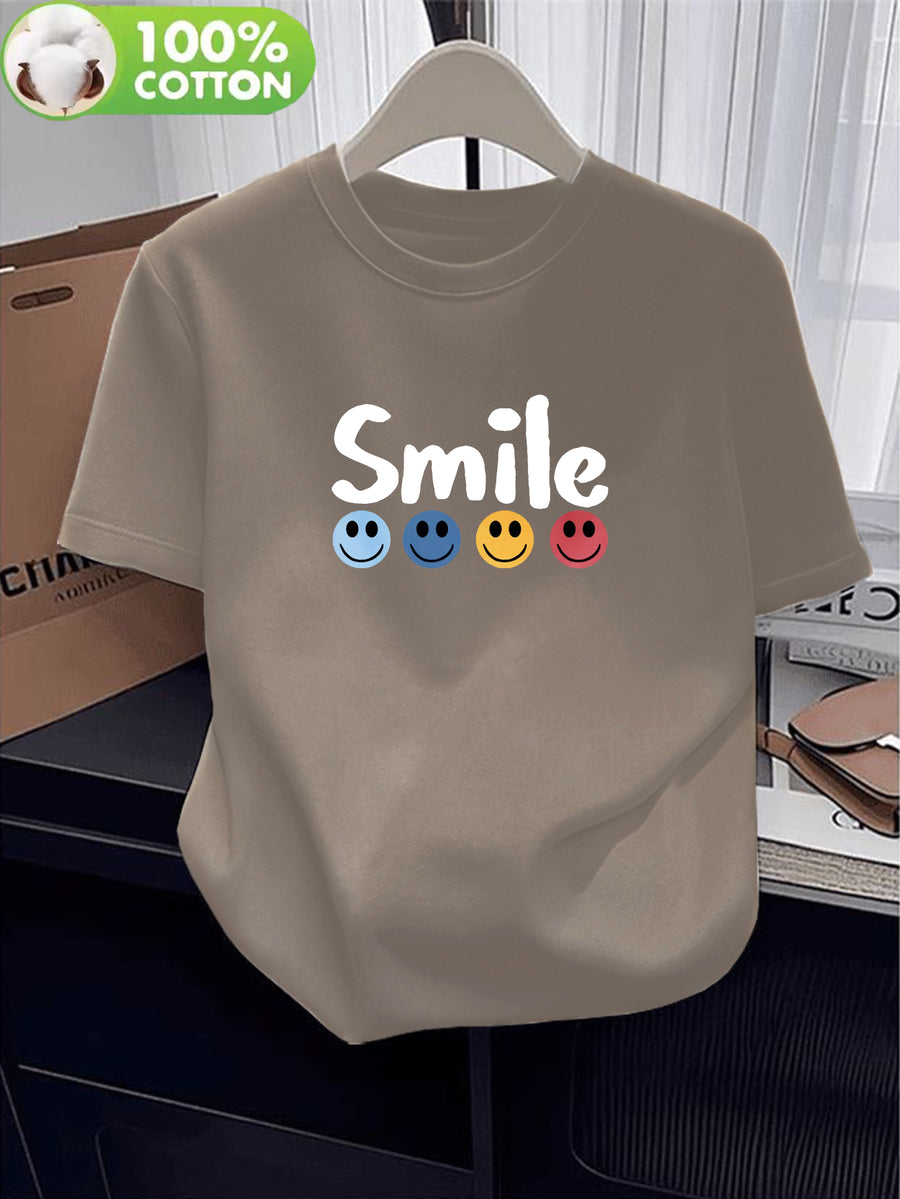 100% Women's T-Shirt, Summer Short Sleeve Thin Top, Trendy and Fashionable Standard Fit, Versatile for Daily Wear, Casual, Comfortable, and Breathable, Colorful Smiling Face and Letter Print Design, Simple, , and Fun Pattern - Khaki