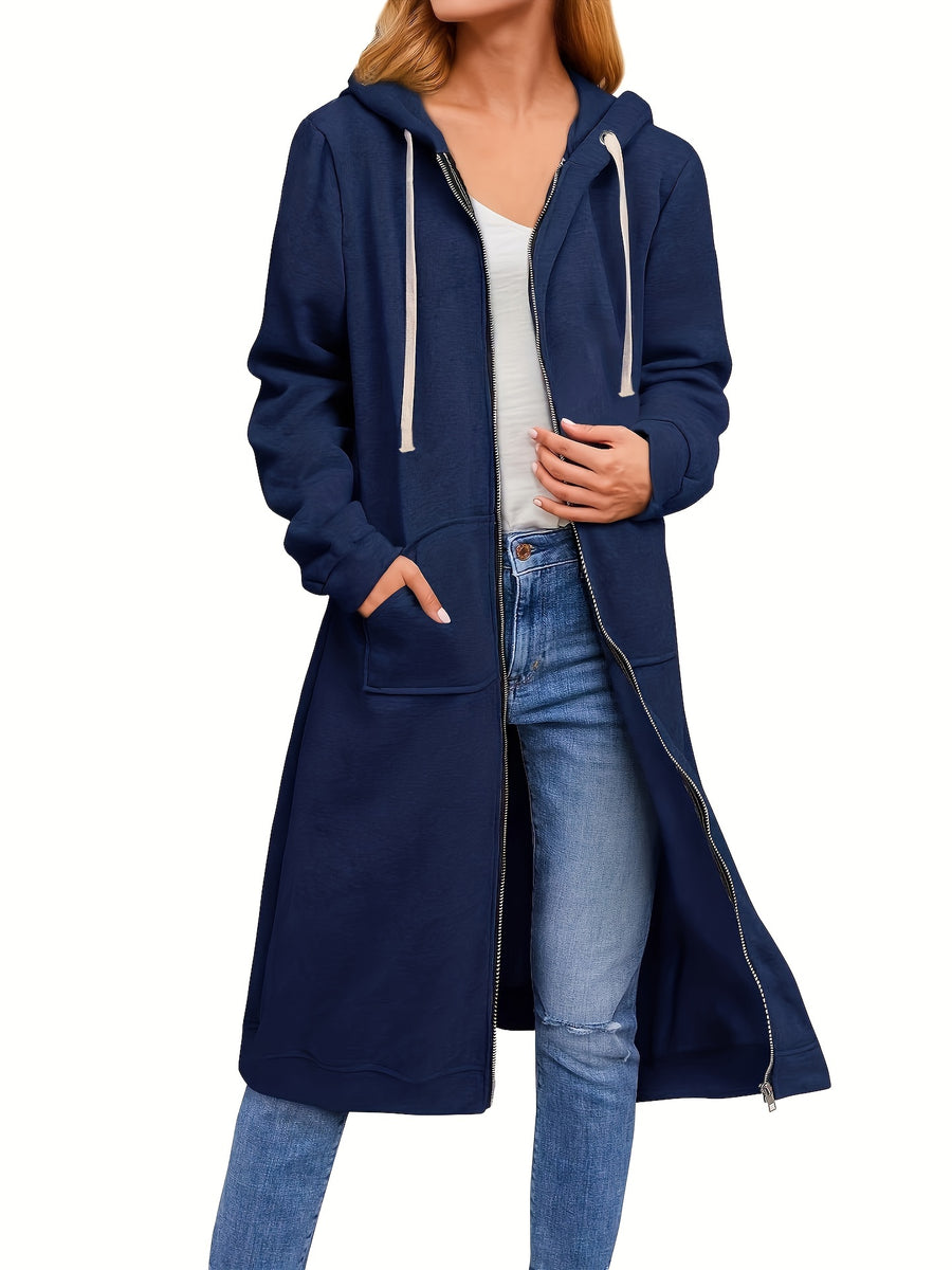 2022 Western Autumn Winter Cross-Border New Women'S Clothing Loose Zipper Long Cardigan Coat - Navy Color