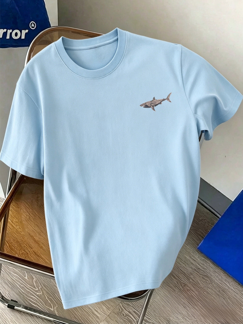 New Men's 100% Pure Cotton T-Shirt with Shark Print, Comfortable and Breathable, Versatile for Summer Casual Wear - Light Blue Color