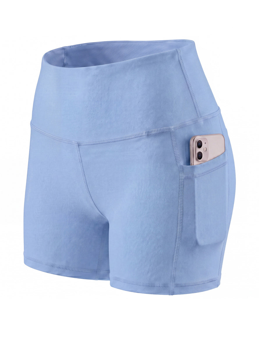 Summer Fashion Women's High-Waist 3-Inch Shorts with Pockets, Moisture-Wicking Summer Style - Anti-See-Through, Tummy Control, Non-Slip Waistband - Light Blue