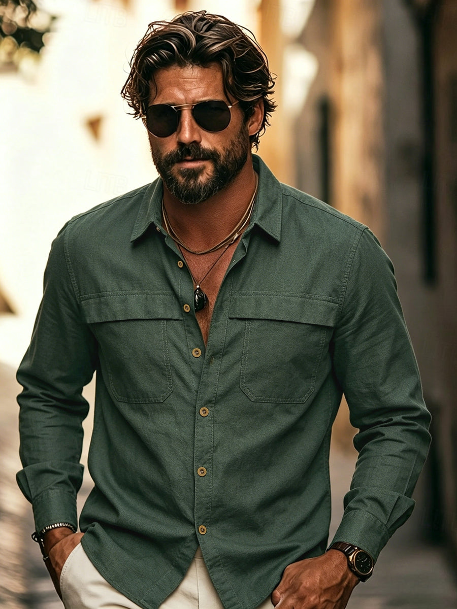 Men'S Precision Business Casual Long Sleeve Shirt, Workwear Style Top, Thick Oxford Fabric, Breathable And Durable, Mature Business Men'S Outdoor Casual, Daily Workwear, Old Money Style Shirt Top - Olive Green