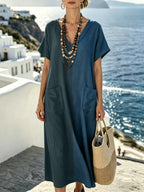 Plus Size, Bohemian Color-Block Vacation Style Patchwork Maxi Dress, V-Neck Loose Fit Fashionable Vintage Plus Size Dress - Dark Green