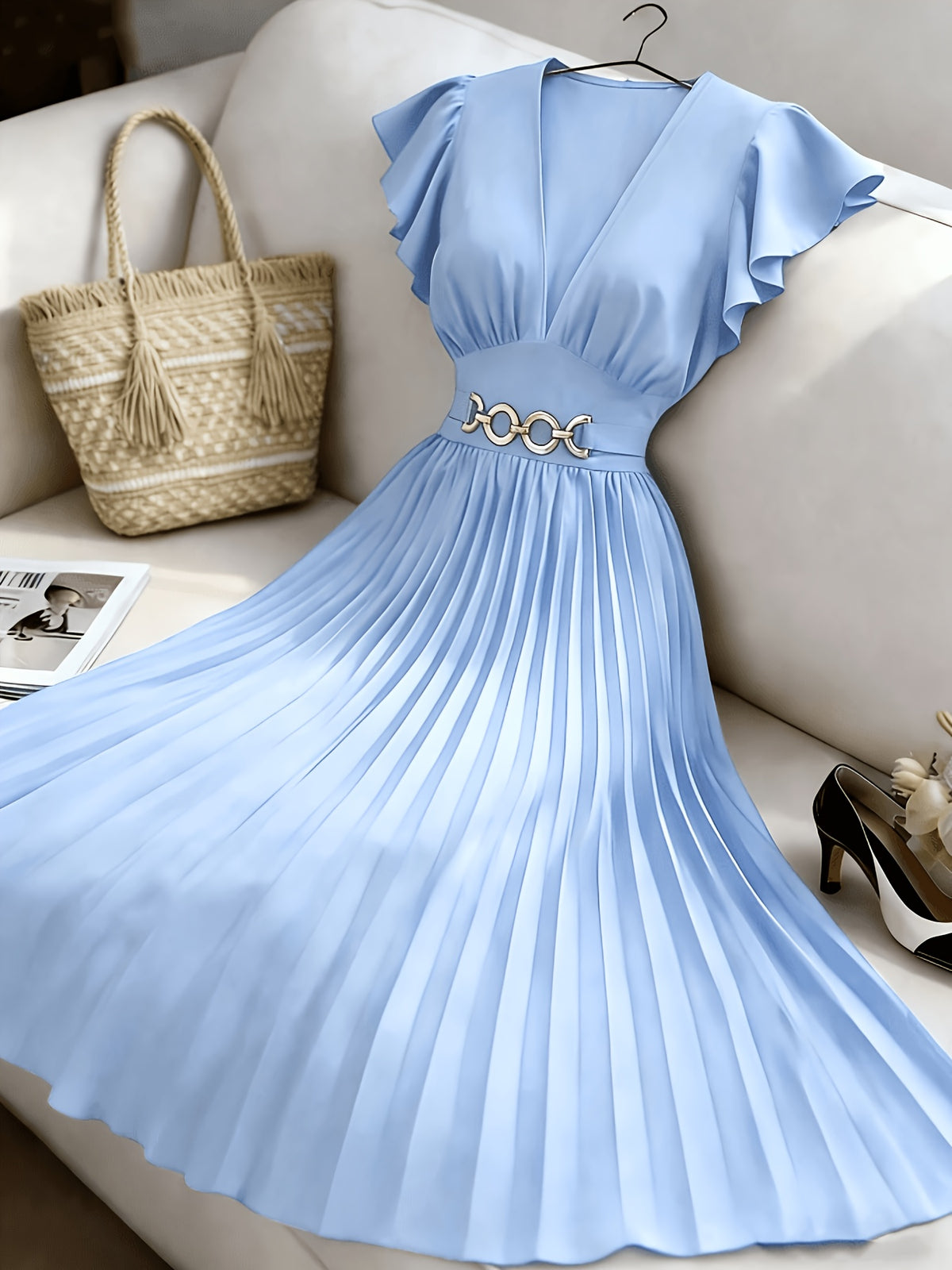Spring Summer New Elegant Women'S Slim V-Neck Dress with Ruched Craft And Flared Skirt, Ruffled And Flounce Sleeves, Valentine'S Day Party Dress, Commute Fashion Skirt - Sky Blue