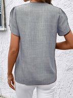 Elegant Petal Sleeve Notched V-Neck Shirt | Solid Color, Suitable for Spring/Summer/Fall - Grey