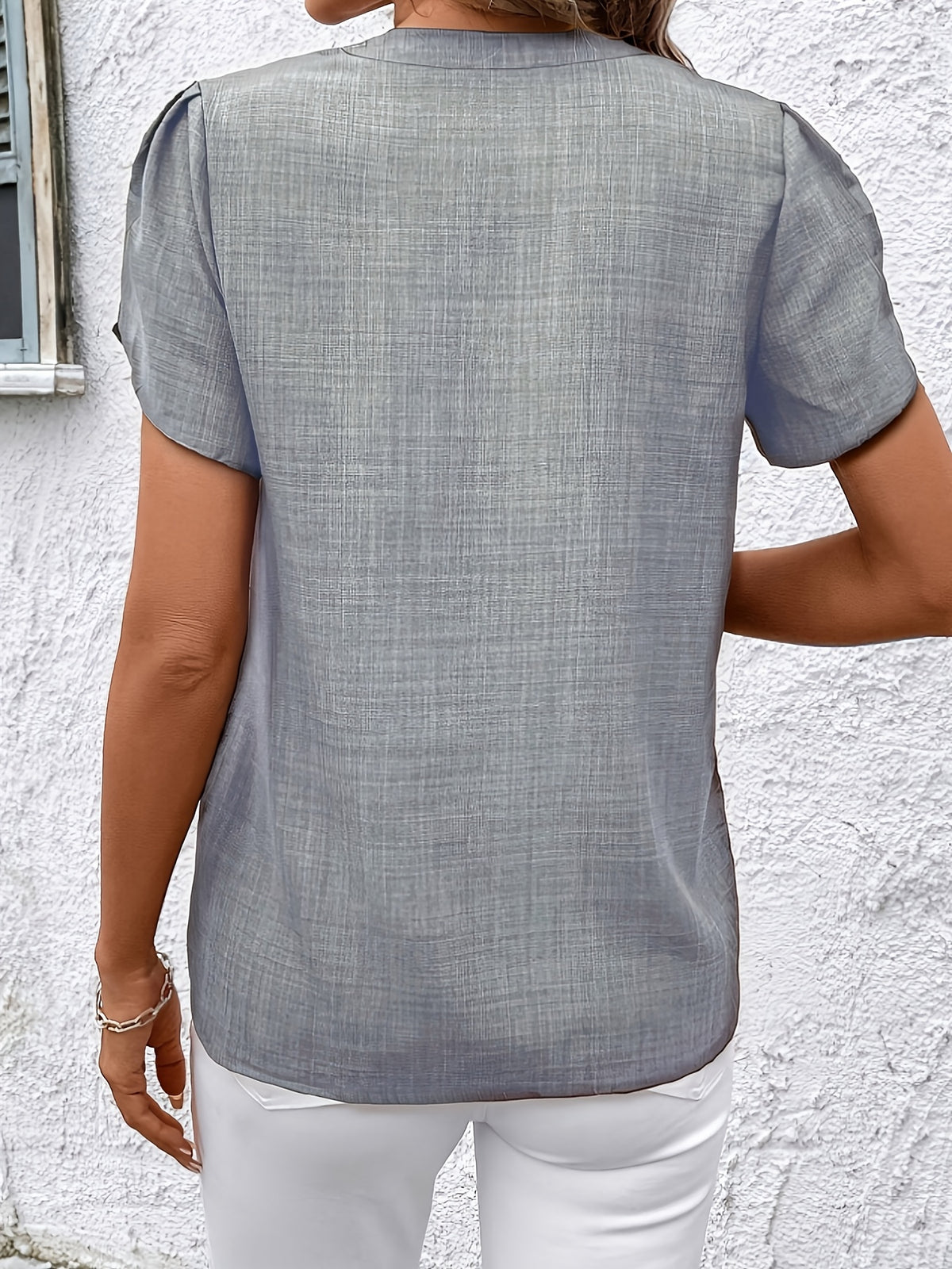 Elegant Petal Sleeve Notched V-Neck Shirt | Solid Color, Suitable for Spring/Summer/Fall - Grey