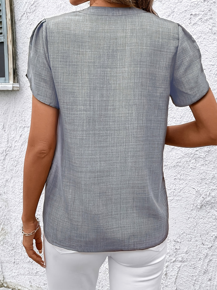 Elegant Petal Sleeve Notched V-Neck Shirt | Solid Color, Suitable for Spring/Summer/Fall - Grey