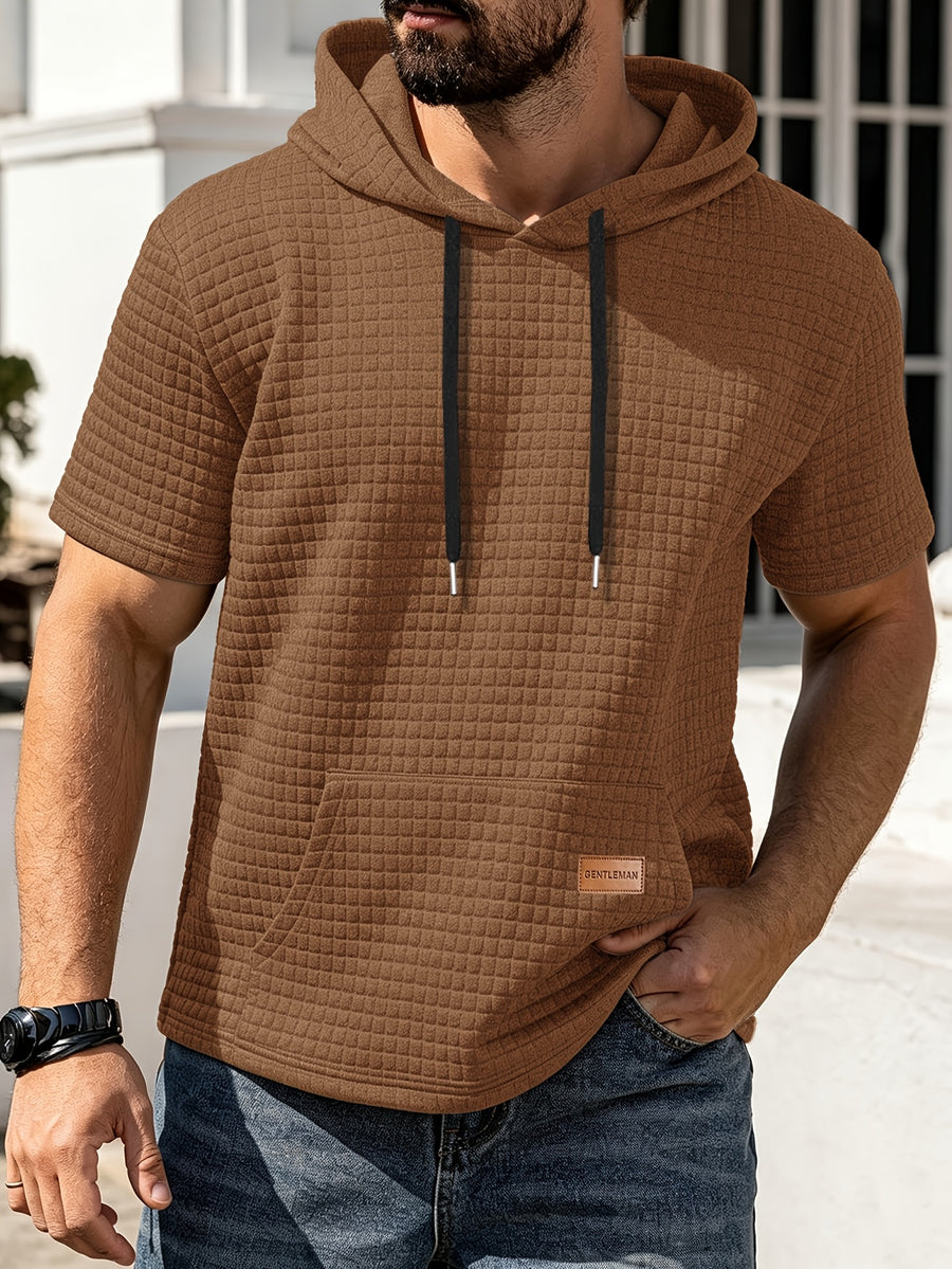 Men's Casual Summer New Arrival Short-Sleeve Versatile Fashionable Sporty Comfortable Trendy Loose Waffle Knit Hooded T-Shirt - Coffee Color