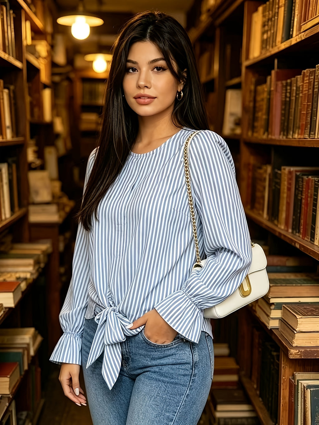Women's Elegant Loose-Fit Striped Shirt with Bow Tie Hem, Round Neck, Long Sleeves, and Flared Sleeves - Blue Stripes
