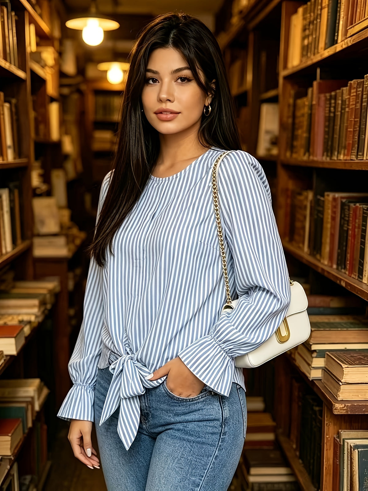 Women's Elegant Loose-Fit Striped Shirt with Bow Tie Hem, Round Neck, Long Sleeves, and Flared Sleeves - Blue Stripes