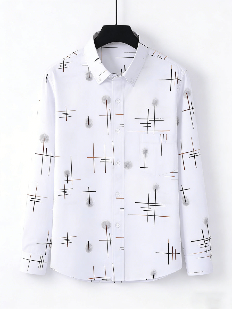 Men'S Long-Sleeve Shirt with Bronzing Print, Business Casual Wrinkle-Resistant Shirt, Light Luxury Versatile Top for Middle-Aged And Young Men - White