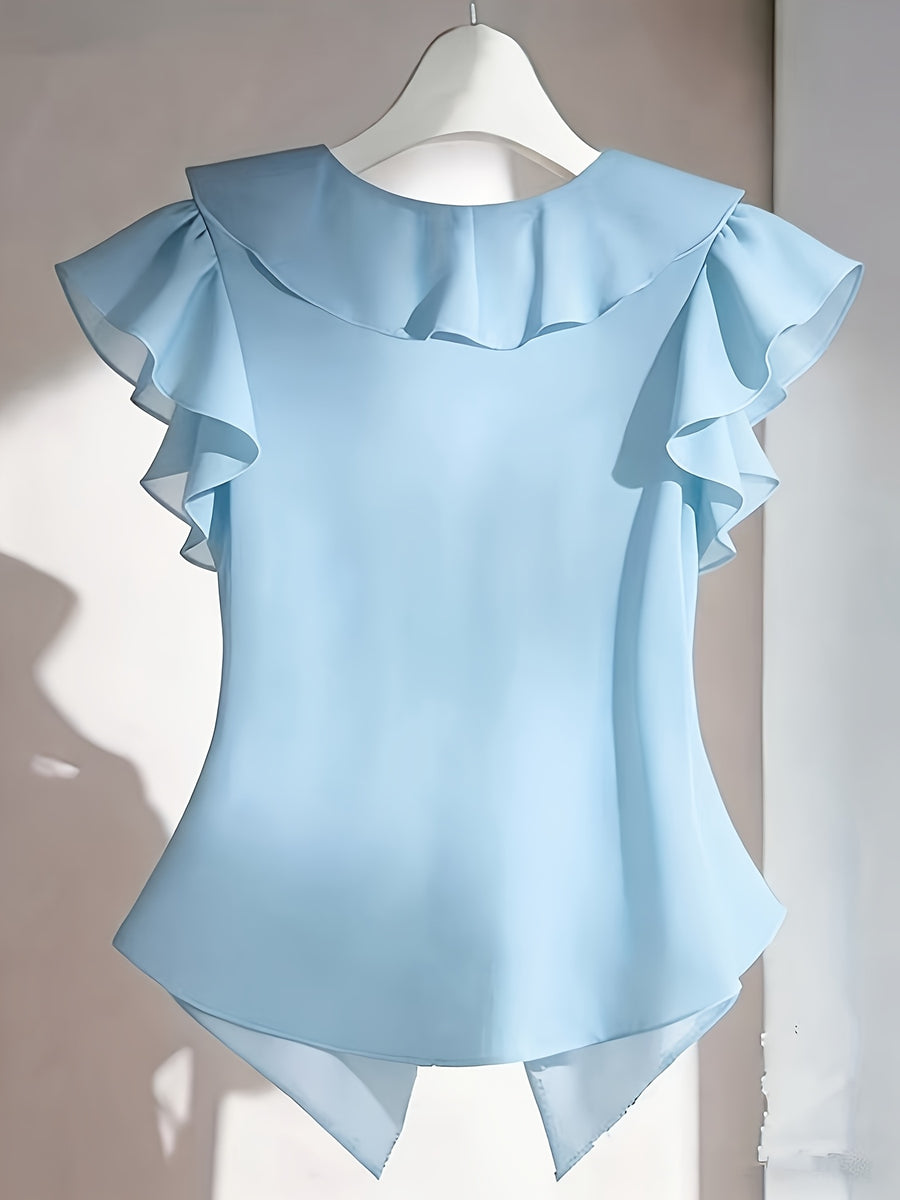 Summer French Solid Ruffled Fly Short Sleeve Shirt Chiffon Top Women'S - Sky Blue