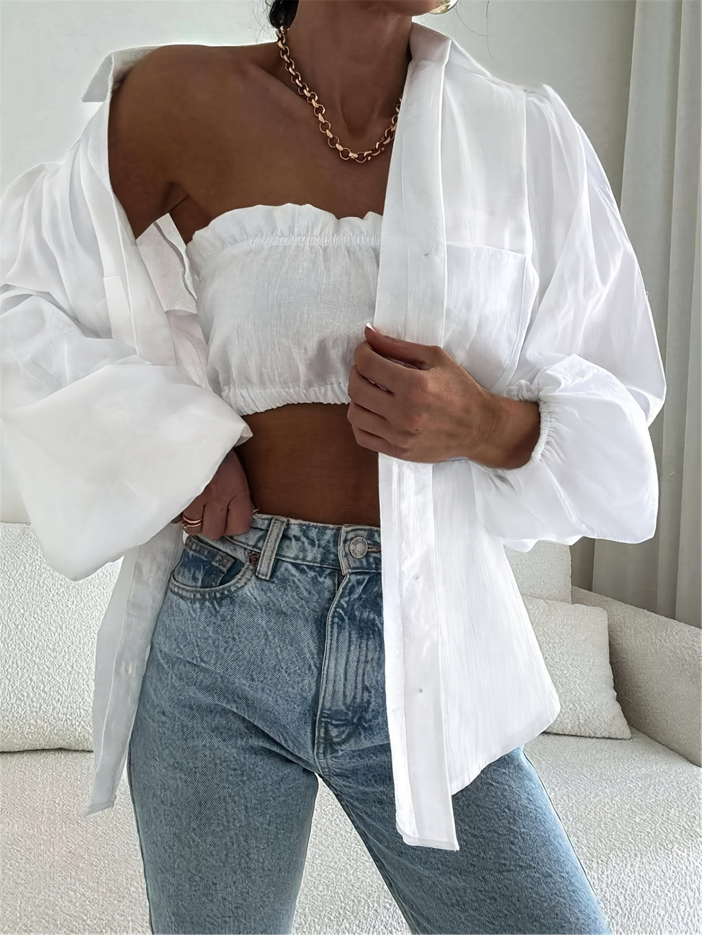 Long-sleeved White Loose-fitting Casual Elegant Women's Shirt Top - White