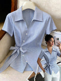 Women's New Elegant and Stylish Lapel Asymmetrical Tie Commuter Casual Versatile Blouse - Blue