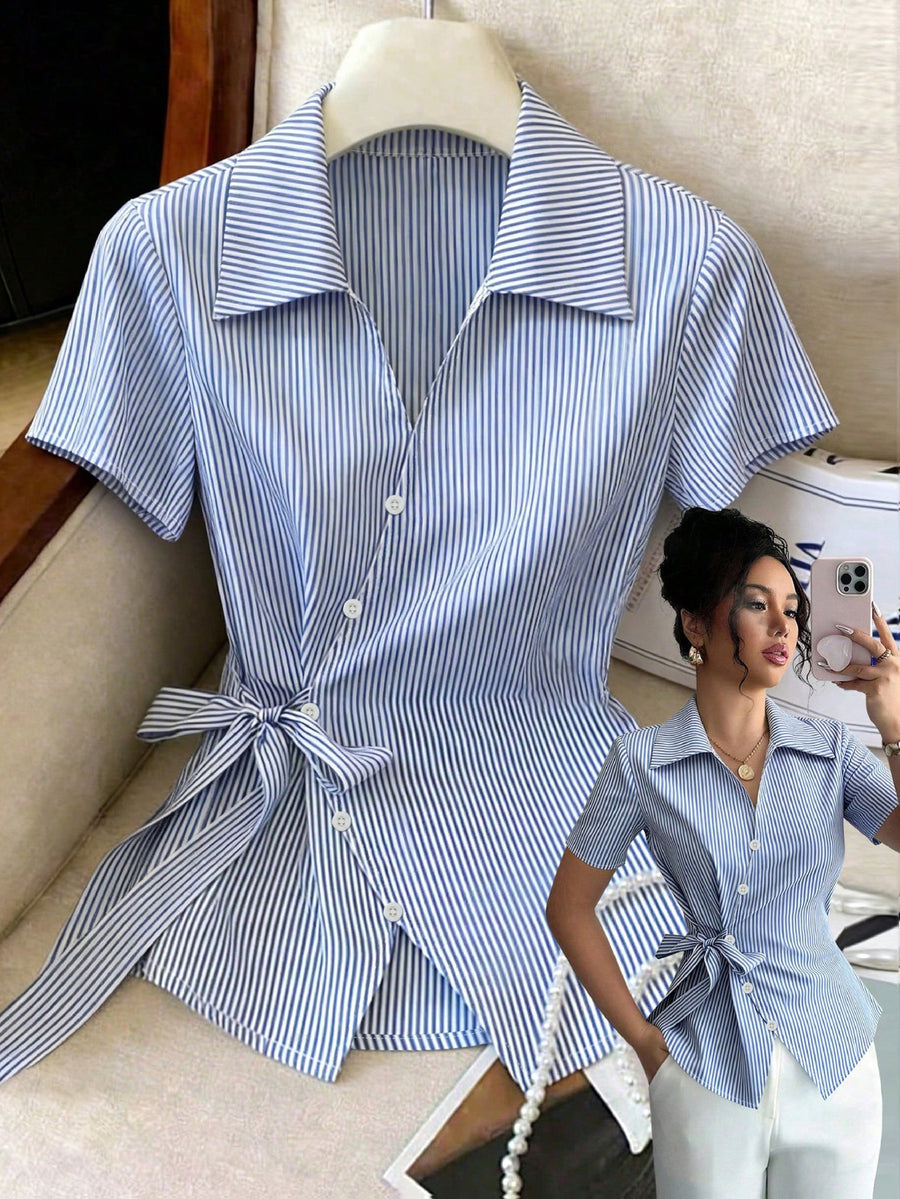 Women's New Elegant and Stylish Lapel Asymmetrical Tie Commuter Casual Versatile Blouse - Blue