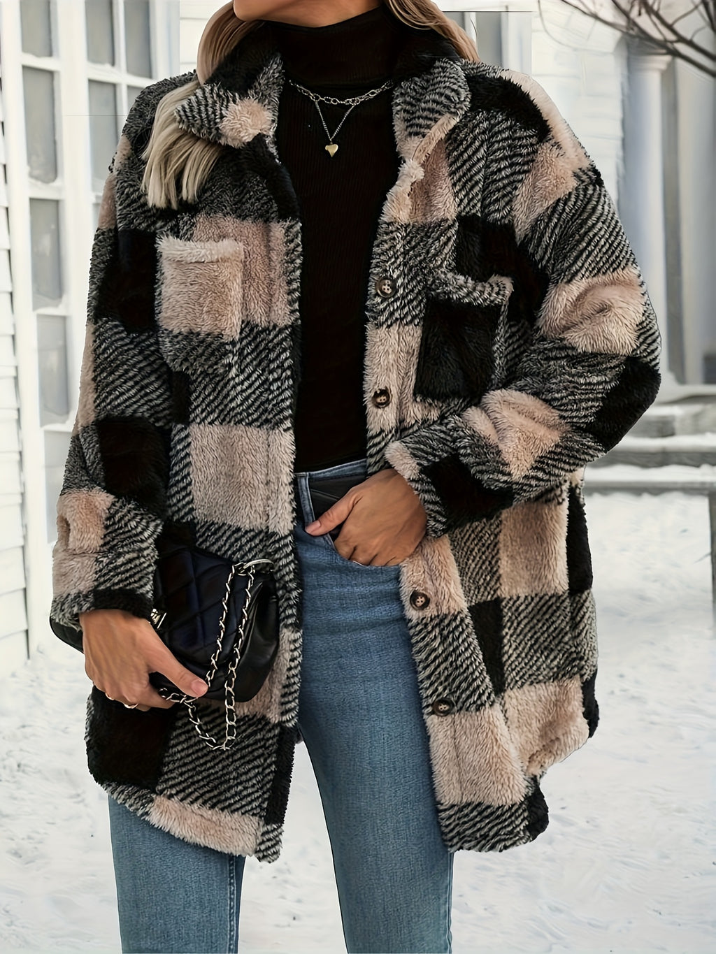 Women'S Plush Loose Mid-Length Open Front Cardigan Coat - Sepia