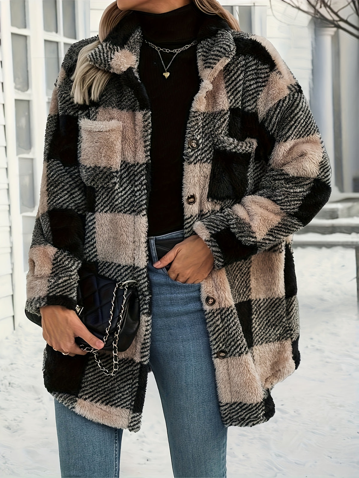 Women'S Plush Loose Mid-Length Open Front Cardigan Coat - Sepia
