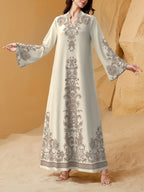 Middle Eastern Abaya Robe, Traditional Attire, Long-sleeve Dress, V-neck, Print, Loose Stand-up Collar - Multicolor