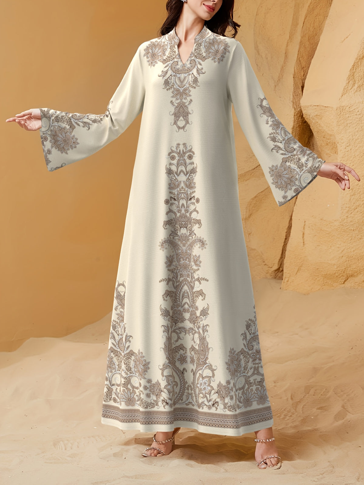 Middle Eastern Abaya Robe, Traditional Attire, Long-sleeve Dress, V-neck, Print, Loose Stand-up Collar - Multicolor