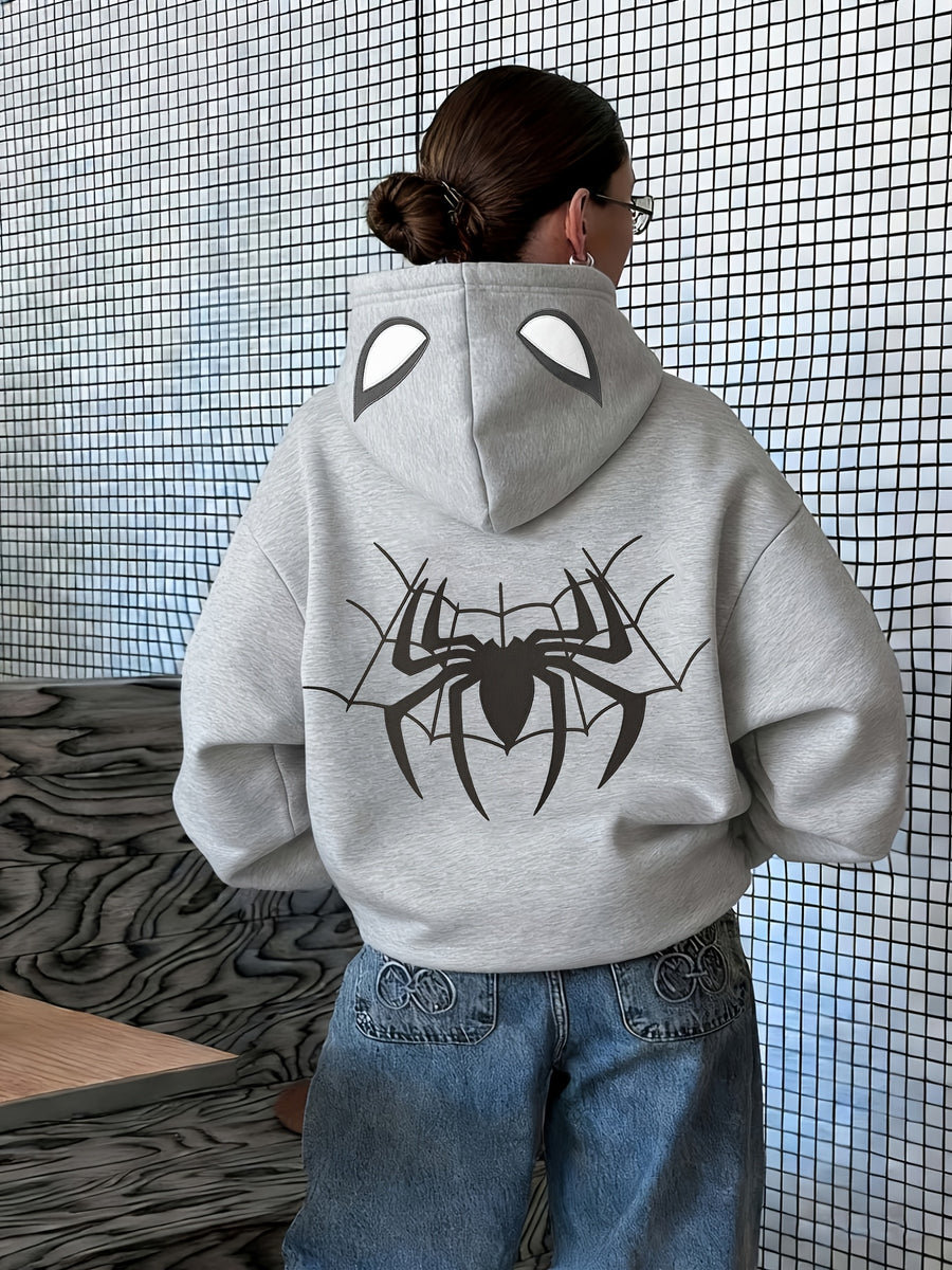 A Trendy Hooded Sweatshirt Featuring a Stylish and Versatile Spiderweb Print, Suitable for Autumn and Winter, Women's Clothing - Light Grey
