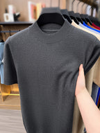 [Wading Whale OBM] 1pc Spring Summer New Men'S Knit Pullover Sweater, Old Money Style Textured Solid Color Short Sleeve T-Shirt, Casual Fashion Thin Breathable Ribbed Pullover Sweater Base Layer Top, Suitable for Spring And Summer Wear - Dark Gray