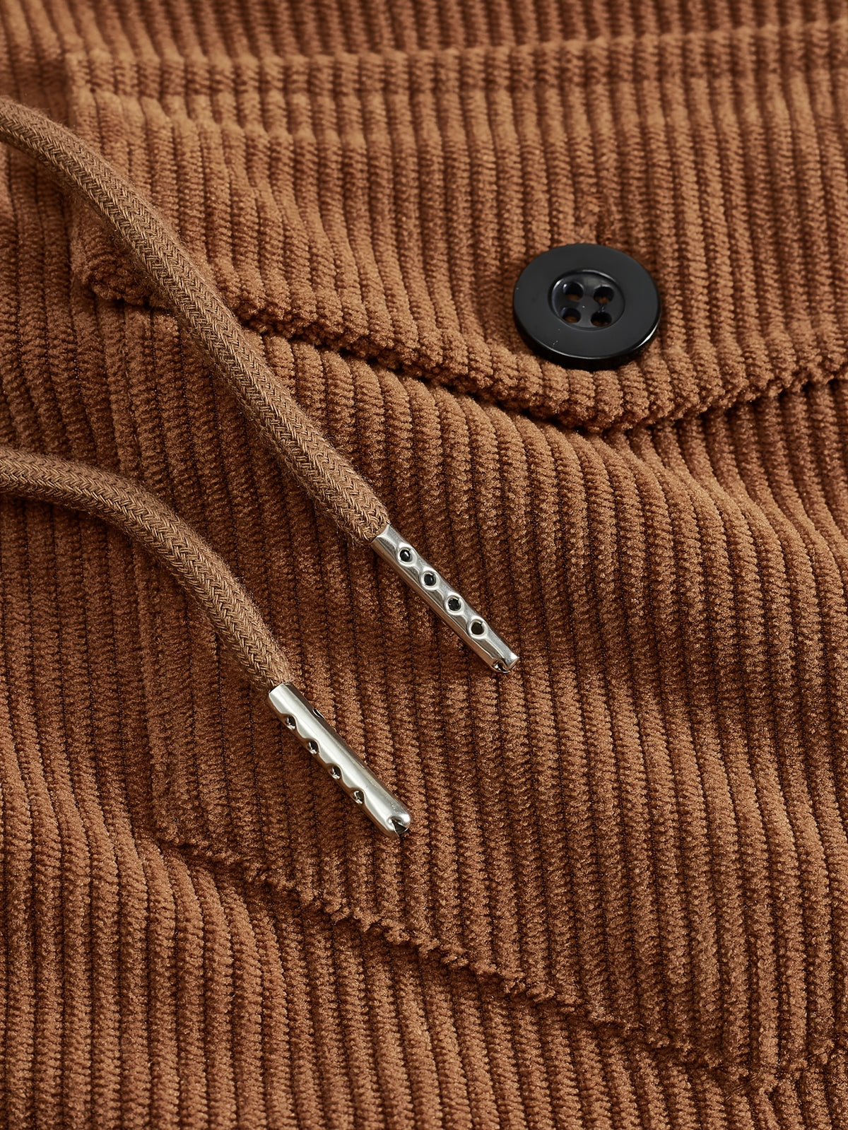 Men'S Corduroy Button-Up Shirt with Pocket And Drawstring Detail, Casual Long Sleeve Blouse for Daily Street Style, Gift Idea - Coffee Color