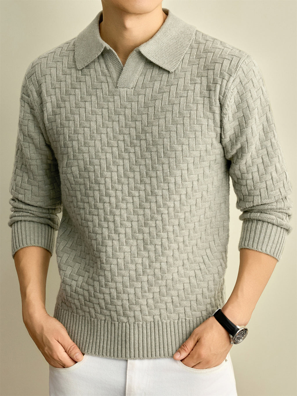 Autumn Winter Knit 3D Solid Color Lapel Polo Sweater, Basic Knit Pullover Top for Men, Fashionable Long Sleeve Sweater, Size S - Light Green