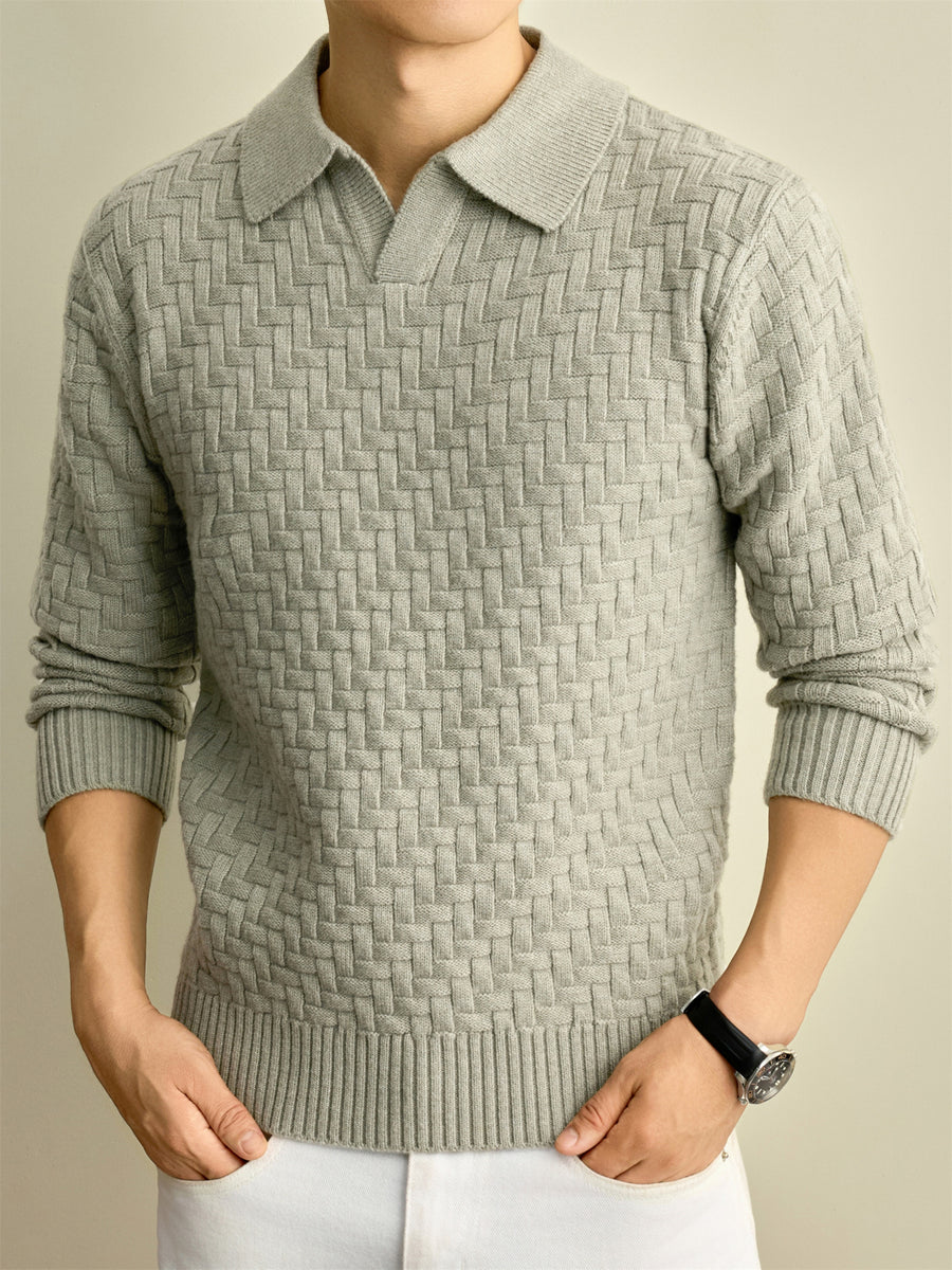 Autumn Winter Knit 3D Solid Color Lapel Polo Sweater, Basic Knit Pullover Top for Men, Fashionable Long Sleeve Sweater, Size S - Light Green