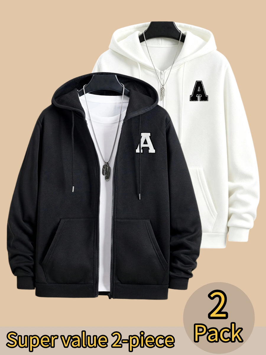 50% Cotton, 50% Polyester, 2-Pack Men's Zippered Hooded Fleece-Lined Sweatshirt, Men's Clothing, Long-Sleeve Fleece Jacket, Zippered Top, Hooded Sweatshirt, Pockets, Drawstring, Suitable for Outings, Casual Wear, Back-to-School Season - Black+White