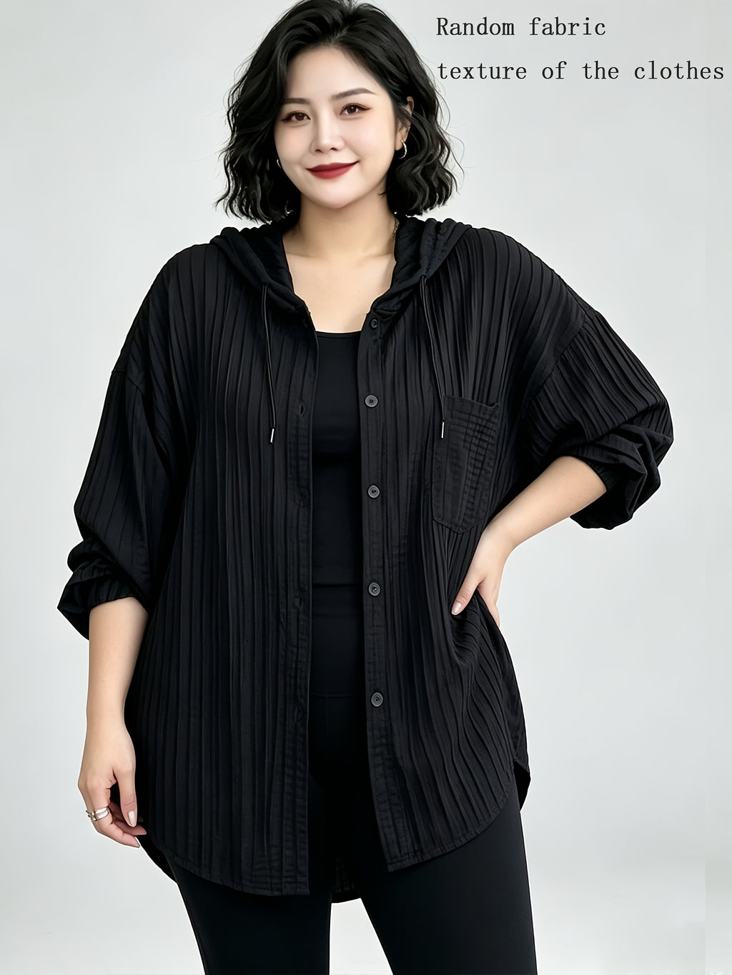 Plus Size Women's Vertical Stripe Hooded Shirt Thin Outer Jacket, Summer/Autumn Loose Lazy Style Mid-Length Cardigan, Breathable Casual Long-Sleeve Top, Versatile for Commuting - Black