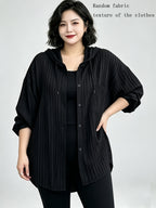 Plus Size Women's Vertical Stripe Hooded Shirt Thin Outer Jacket, Summer/Autumn Loose Lazy Style Mid-Length Cardigan, Breathable Casual Long-Sleeve Top, Versatile for Commuting - Black