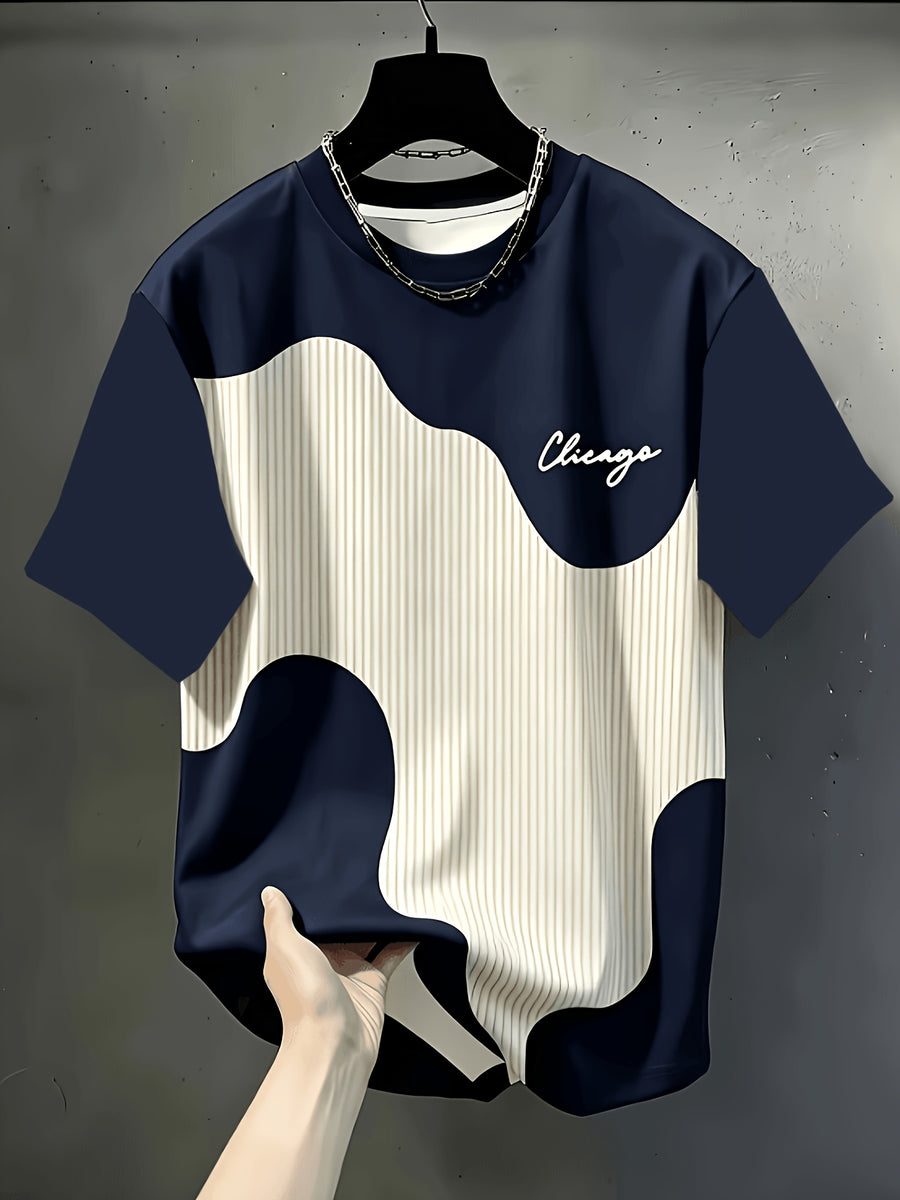 Print Design Textureless Men's Casual Round Neck T-Shirt, Geometric Pattern Patchwork Striped Design, Chicago Word Pattern, Drapey Fashion Top, All-Season Wear, Breathable Regular Fit for Casual And Formal Outfits - Round Neck Casual Top - Mixed Color 3