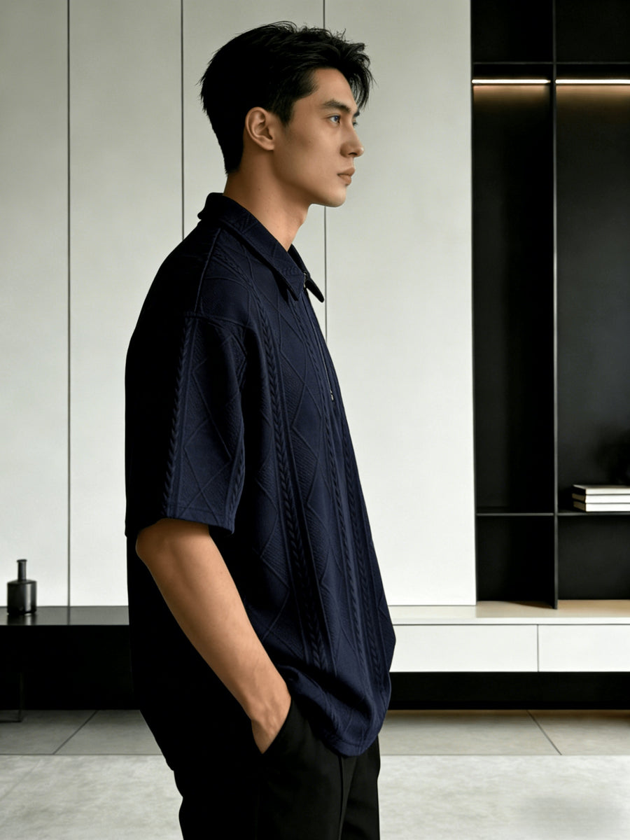Men'S Summer New Premium Loose Short Sleeve Half-Zip Collar Polo Shirt Jacquard Short Sleeve T-Shirt - Navy Color