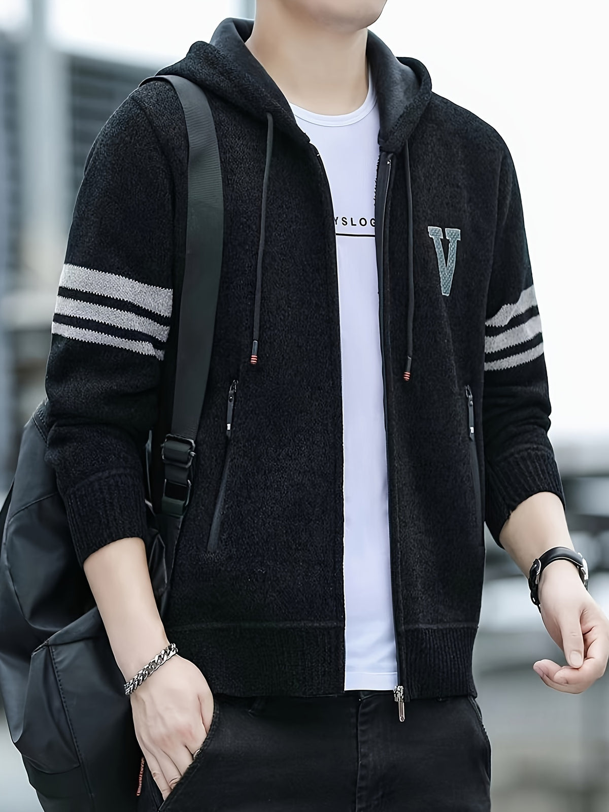 Men'S Striped Fleece Hooded Cardigan, Casual Slightly Stretch Breathable Zip Up Thermal Jacket for Fall Winter Outdoor, Knit - Black
