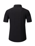 Men's Short-sleeve Shirt with Stand-up Collar/Henley Collar Design, Featuring Exquisite Peak-shaped Embroidery on the Chest - Black