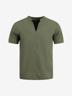 Men's Casual V-Neck Linen Short-Sleeve Shirt, Lightweight and Breathable with a Short-sleeve Design, Suitable for Summer Wear. Features a Loose Fit and Solid Color for Comfort, Ideal for Beach Vacations, Resort Hotel Trips, and Daily Wear - Olive Green