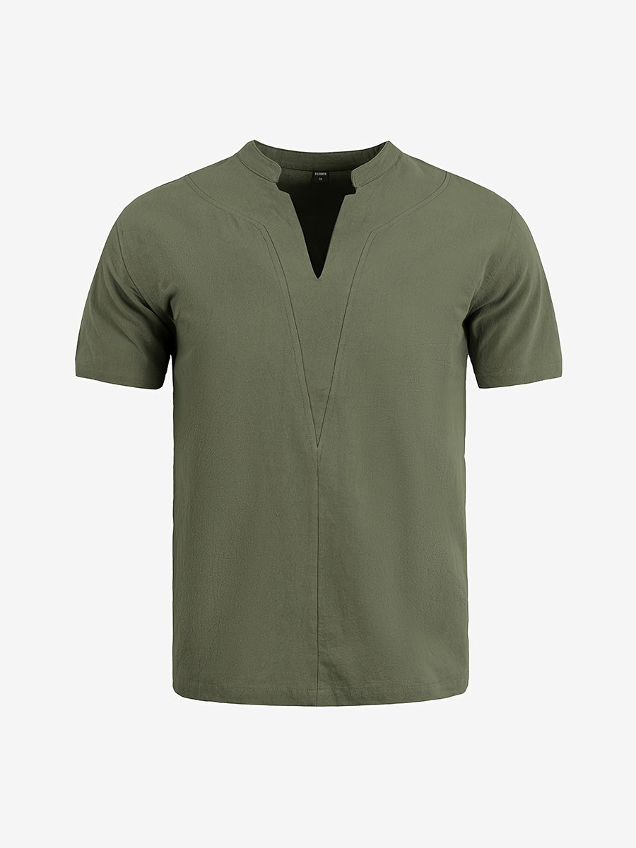 Men's Casual V-Neck Linen Short-Sleeve Shirt, Lightweight and Breathable with a Short-sleeve Design, Suitable for Summer Wear. Features a Loose Fit and Solid Color for Comfort, Ideal for Beach Vacations, Resort Hotel Trips, and Daily Wear - Olive Green