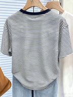 New Cross-Border Fashion Casual Digital Print Striped Short-Sleeve Round-Neck T-Shirt for Women - Navy Color