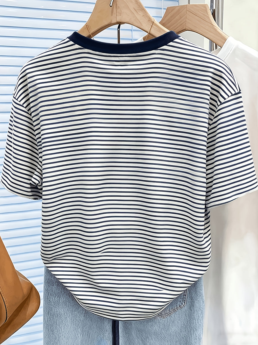New Cross-Border Fashion Casual Digital Print Striped Short-Sleeve Round-Neck T-Shirt for Women - Navy Color