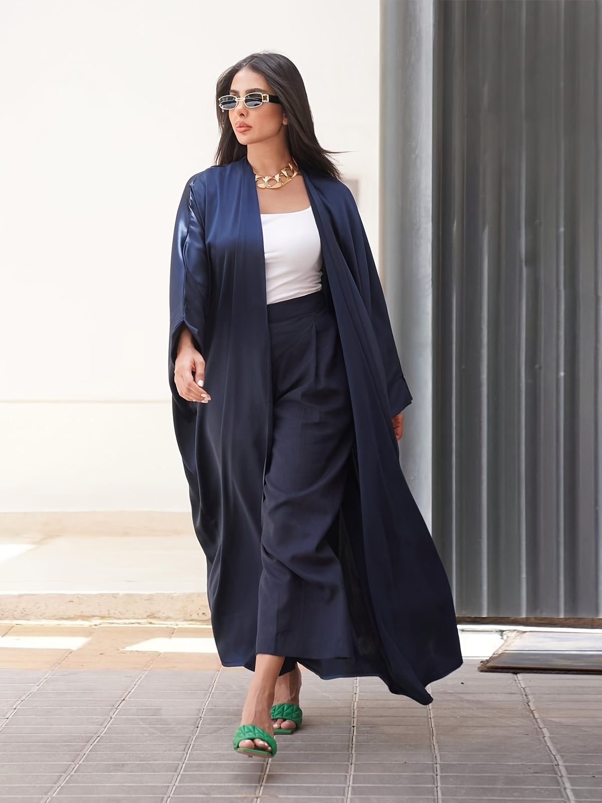 Middle East Special Muslim Fashion Women's Long Casual Satin Soft Robe Comfortable Minimalist Abaya with Sleeves - Blue